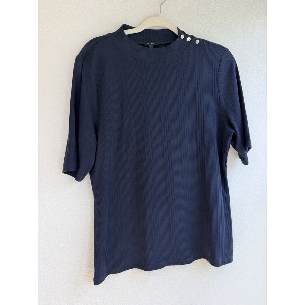 Talbots Blue Ribbed Knit Crew Neck Short Sleeve Pullover Sweater Button XL